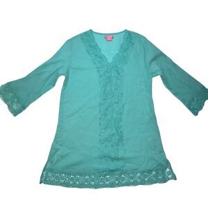 Isaac Mizrahi New York Blouse Womens Medium Cotton Lacy Trim Tunic V Neck Kurti